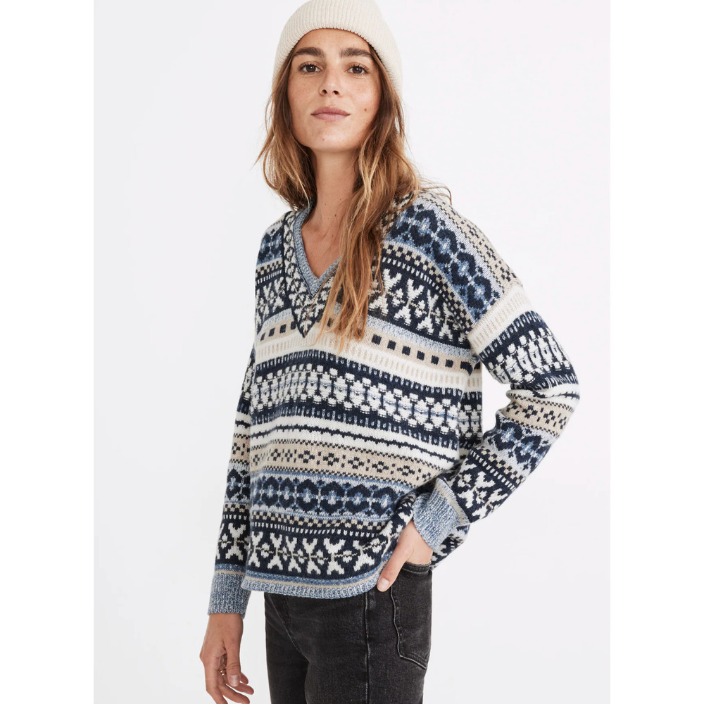 Madewell Navy and Cream Patterned Crew Neck Sweater